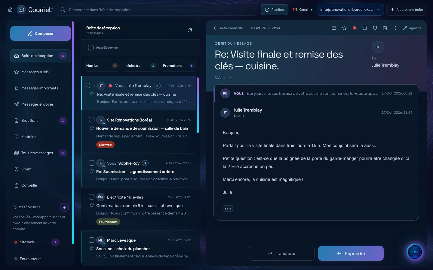 Capture de démonstration : le Courriel : la boîte de réception d’une entreprise fictive et une conversation ouverte avec une cliente, avec les boutons Transférer et Répondre.